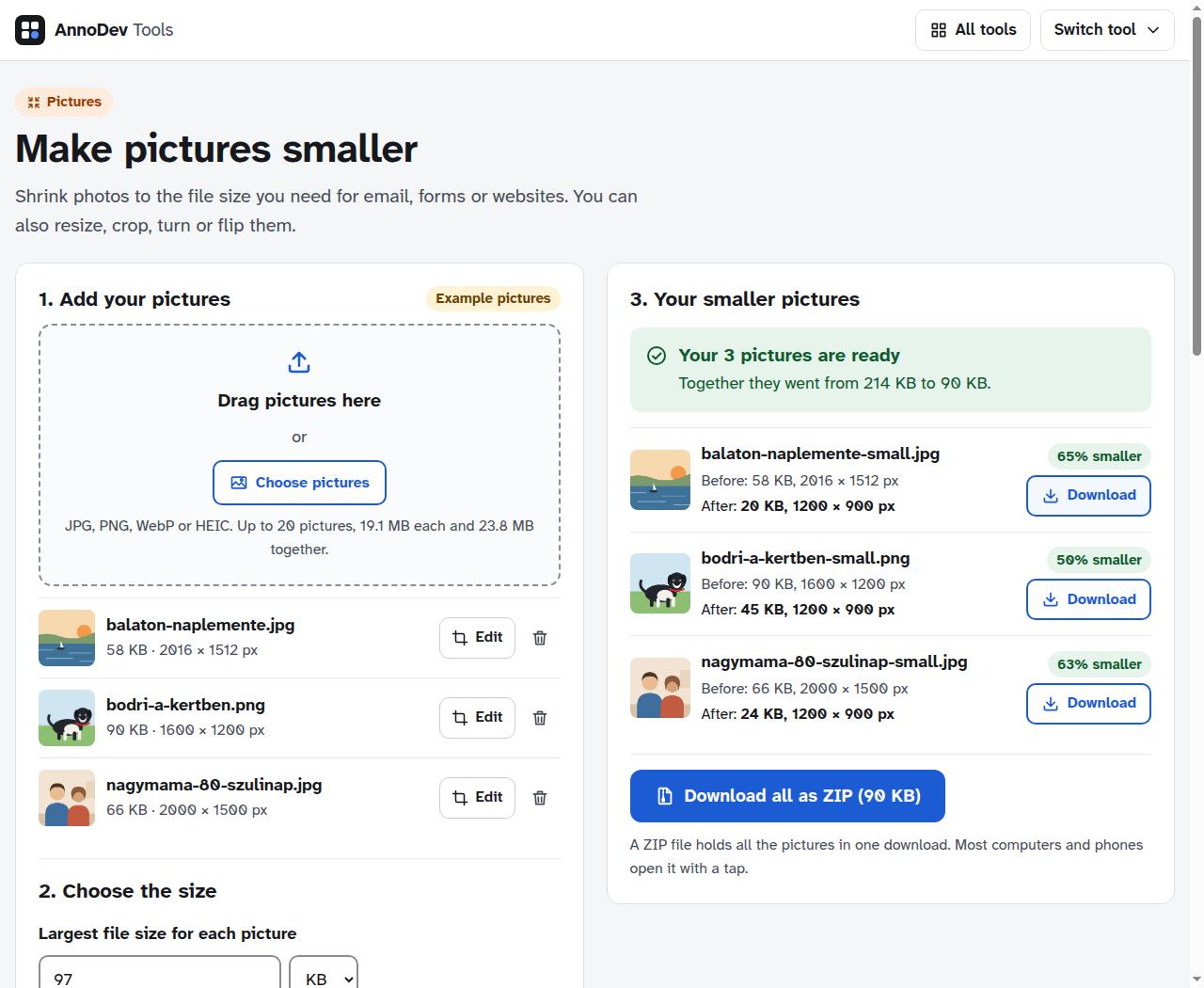Image compressor showing illustrated sample pictures and a smaller downloadable result