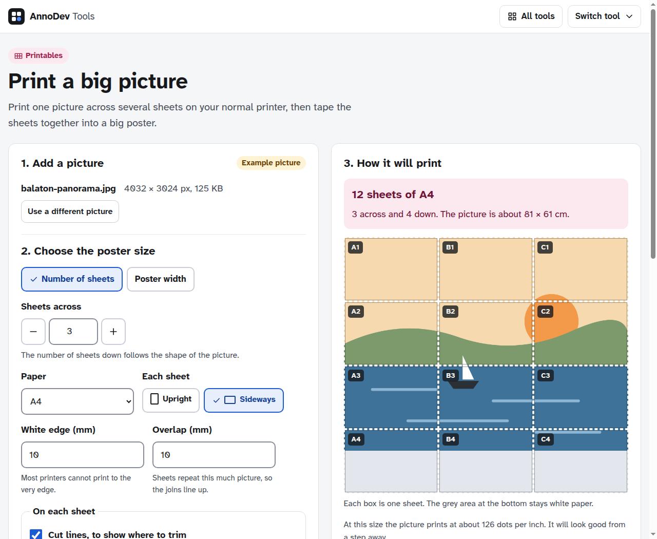 Poster tool showing an A4 tile plan and a downloadable multi-page PDF