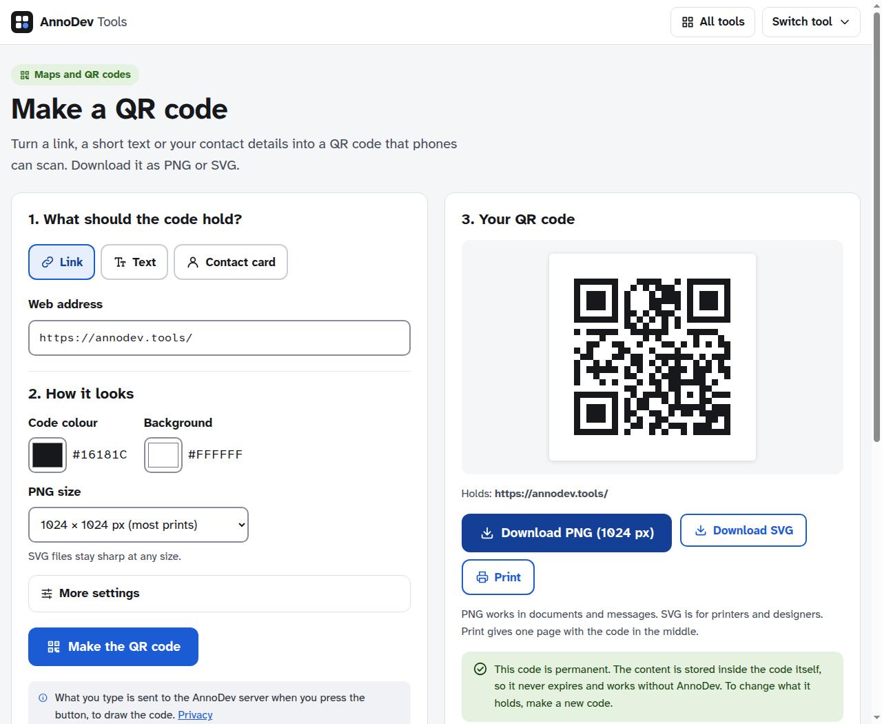 QR generator showing a static code for the AnnoDev Tools website and PNG and SVG download options