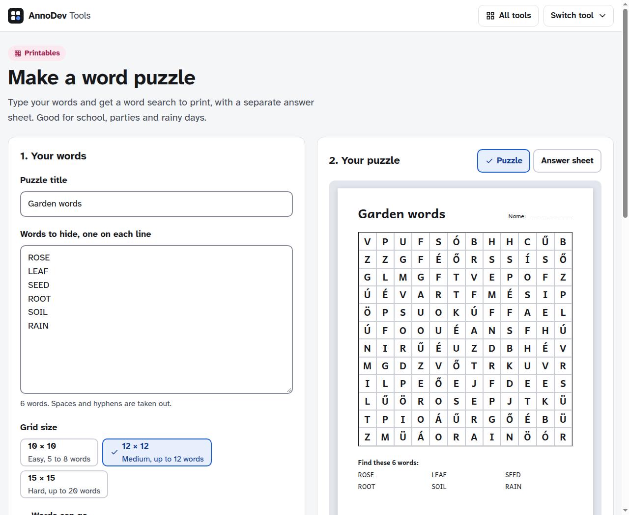 Word search maker with a six-word garden activity and a printable puzzle preview